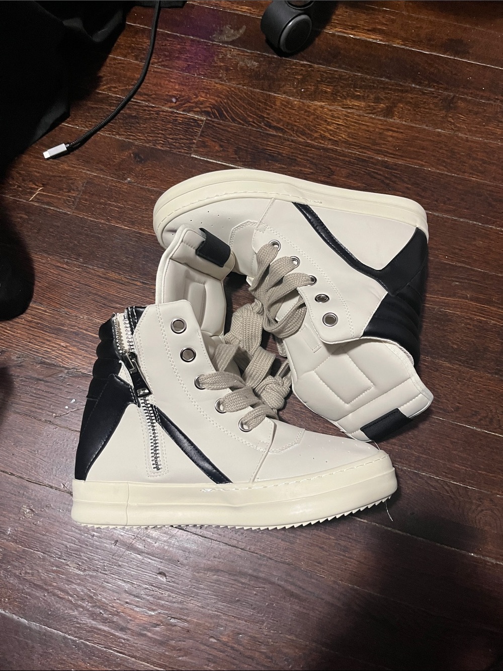 Rick Owens High-Top Sneakers in Cream and Black